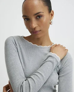 Grey Long Sleeve Scallop Trim Top