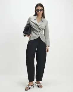 Grey Long Sleeve Twisted Collared Top