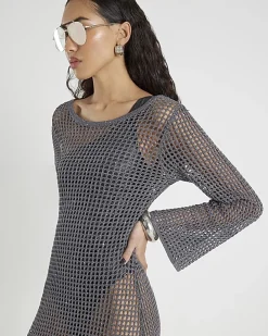 Grey Lurex Long Sleeve Maxi Beach Dress