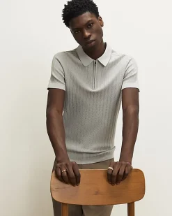 Grey Muscle Fit Ribbed Quarter Zip Polo Shirt