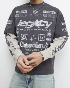 Grey Oversized Double Layered Graphic T-Shirt
