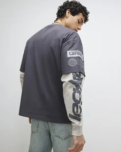 Grey Oversized Double Layered Graphic T-Shirt