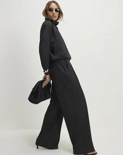 Grey Pinstripe Elastic Wide Leg Trousers