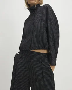 Grey Pinstripe Elastic Wide Leg Trousers