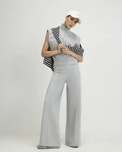 Grey Pintuck Interlock Wide Leg Joggers