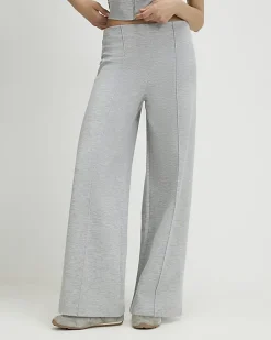 Grey Pintuck Interlock Wide Leg Joggers