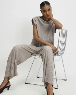 Grey Plisse Wide Leg Trousers