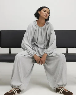 Grey Ruched Bubble Hem Trousers