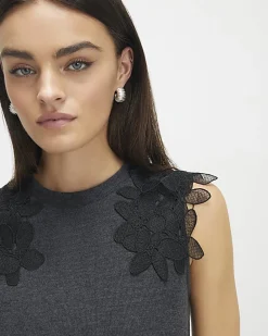 Grey Sleeveless Cosy Lace Shoulder Top