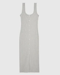 Grey Sleeveless Ribbed Button Midi Dress