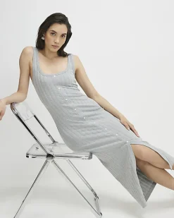 Grey Sleeveless Ribbed Button Midi Dress