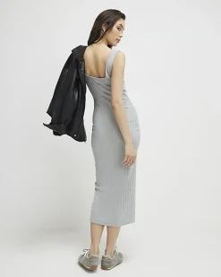 Grey Sleeveless Ribbed Button Midi Dress