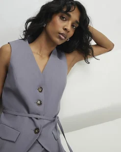 Grey Sleeveless Tie Detail Waistcoat
