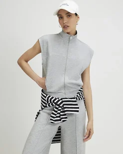 Grey Sleeveless Zip Through Interlock Top