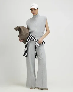Grey Sleeveless Zip Through Interlock Top