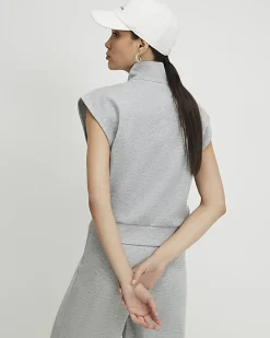 Grey Sleeveless Zip Through Interlock Top