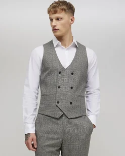 Grey Slim Fit Textured Check Waistcoat