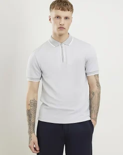 Grey Slim Fit Textured Zip Tipped Polo Shirt