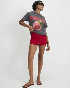 Grey Strawberry Studded Boyfriend Fit T-Shirt