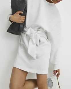 Grey Tie Front Mini Sweatshirt Dress