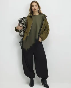 Khaki Asymmetric Lace Satin T-shirt