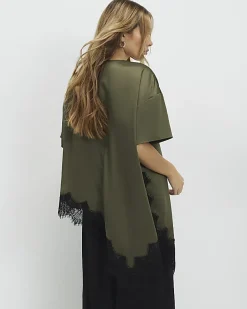 Khaki Asymmetric Lace Satin T-shirt