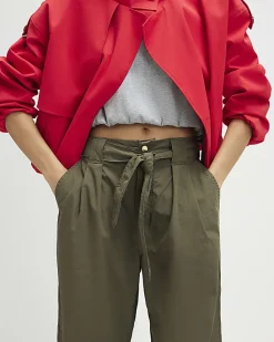 Khaki Belted Wide Leg Poplin Trousers