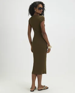 Khaki Cap Sleeve Ribbed Midi Dress