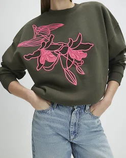 Khaki Contrast Embroidered Floral Sweatshirt