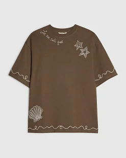Khaki Crew Neck Embroidered T-Shirt