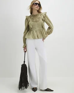 Khaki Cutwork Ruffle Blouse