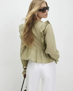 Khaki Cutwork Ruffle Blouse