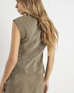 Khaki Faux Leather Hammered Ruched Detail Top