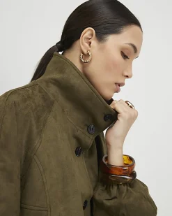 Khaki Faux Suede Drawstring Hem Bomber Jacket