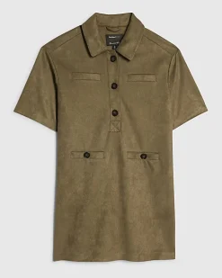 Khaki Faux Suede Short Sleeve Shirt Dress