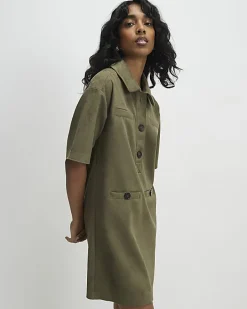 Khaki Faux Suede Short Sleeve Shirt Dress