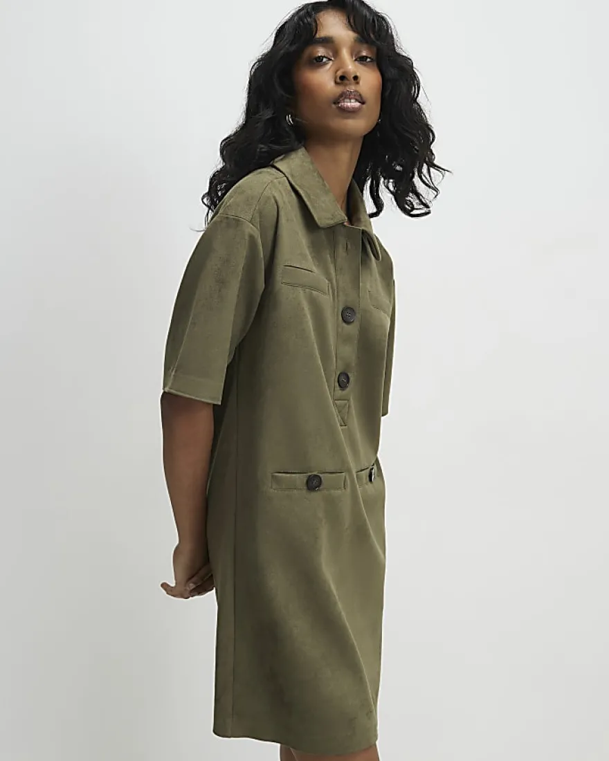 Khaki Faux Suede Short Sleeve Shirt Dress