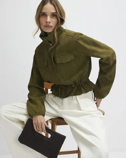 Khaki Funnel Neck Drawstring Jacket