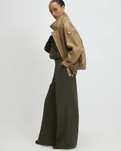Khaki Jersey Tailored Wide Leg Trousers