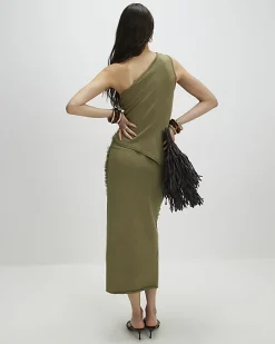 Khaki Knitted Fringed Midi Skirt