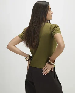 Khaki Knitted Short Sleeve Polo Cardigan