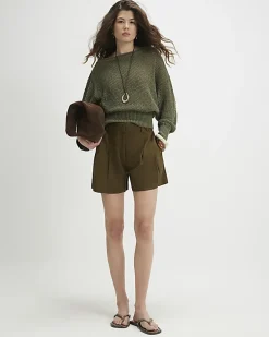 Khaki Linen Blend Tailored Shorts