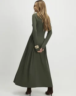 Khaki Long Sleeve Gathered Waist Maxi Dress