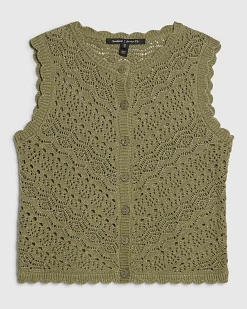 Khaki Metallic Knit Scallop Trim Top