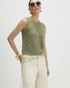 Khaki Metallic Knit Scallop Trim Top
