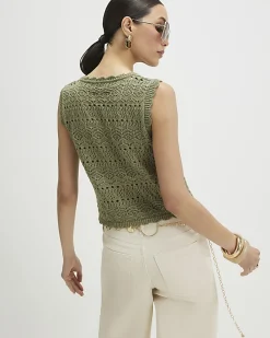 Khaki Metallic Knit Scallop Trim Top