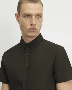 Khaki Muscle Fit Textured Shirt