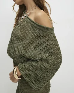Khaki Open Stitch Knit Off The Shoulder Top