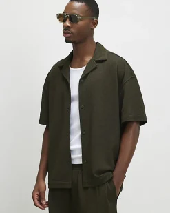 Khaki Oversized Fit Waffle Textured Shirt