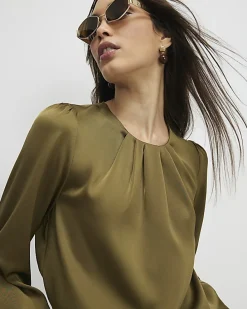 Khaki Pleat Front Blouse